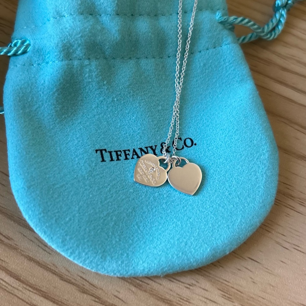 Tiffany & Co. Sterling Silver Diamond Double Heart Tag Pendant